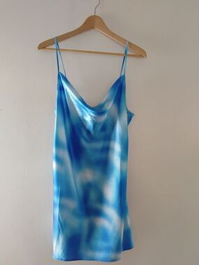H&M Divided Blue White Tie Dye Satin Slip Dress Cowl Neck Strappy